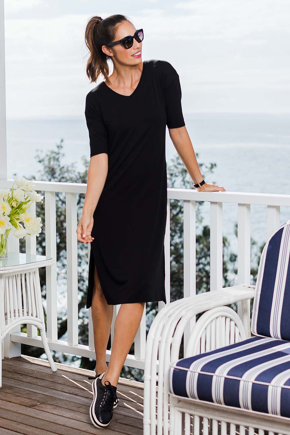 The 3/4 Sleeve Mid Length Tee Dress - Black