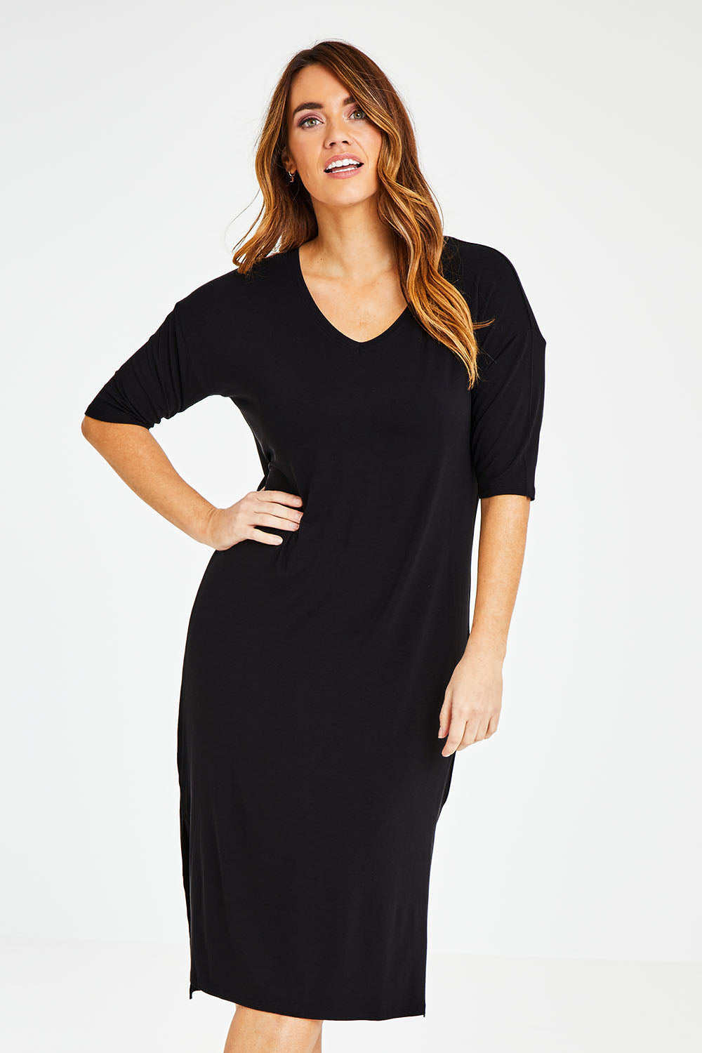 The 3/4 Sleeve Mid Length Tee Dress - Black