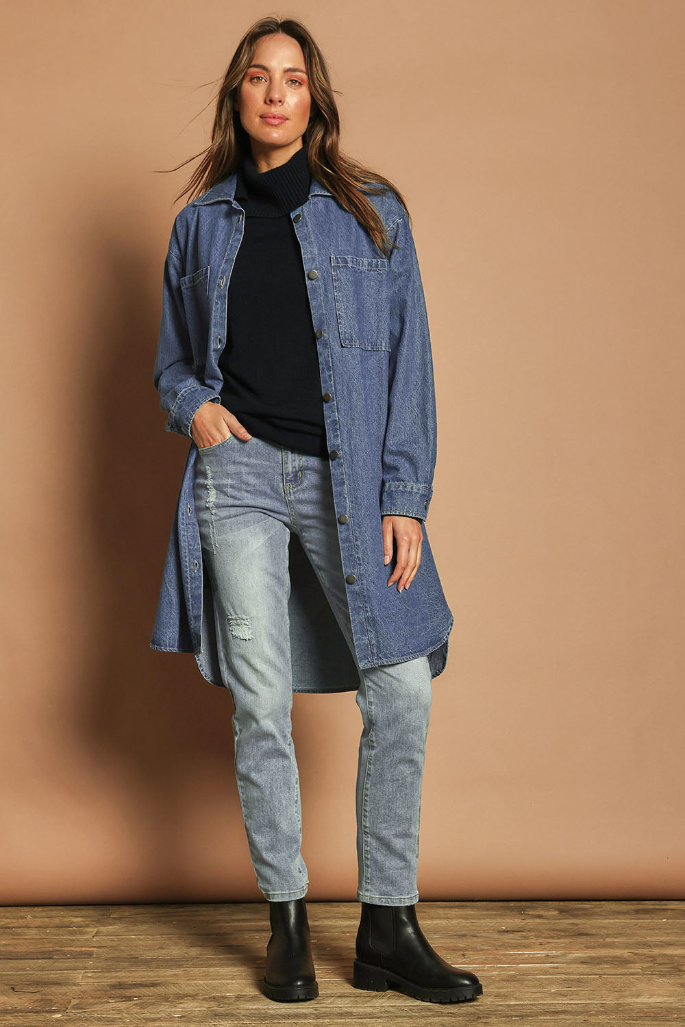 The Denim Shacket Dress With Pockets - Denimblue
