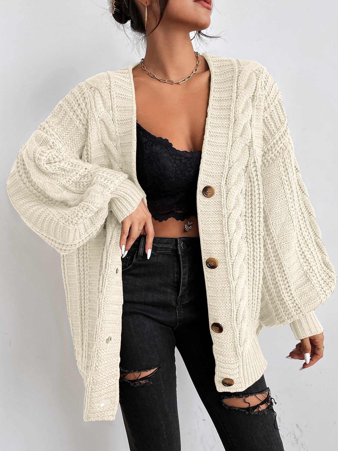 EVIE & BAY | OVERSIZED CABLE KNIT CARDIGAN FOR WOMEN