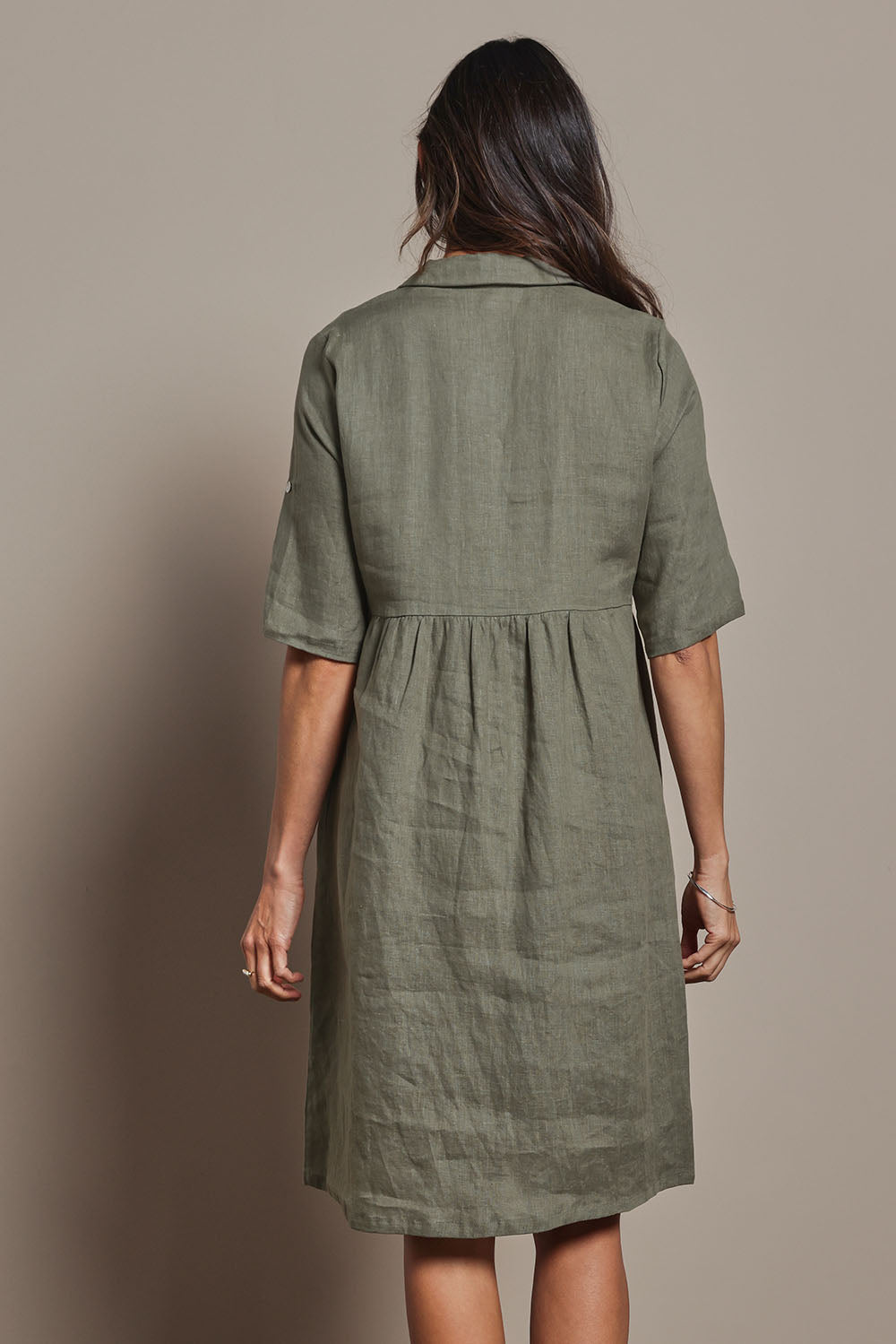 Linen Shirt Maker Dress - Olive