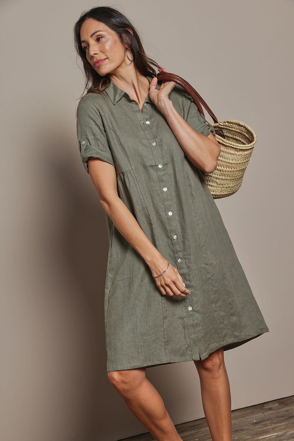 Linen Shirt Maker Dress - Olive
