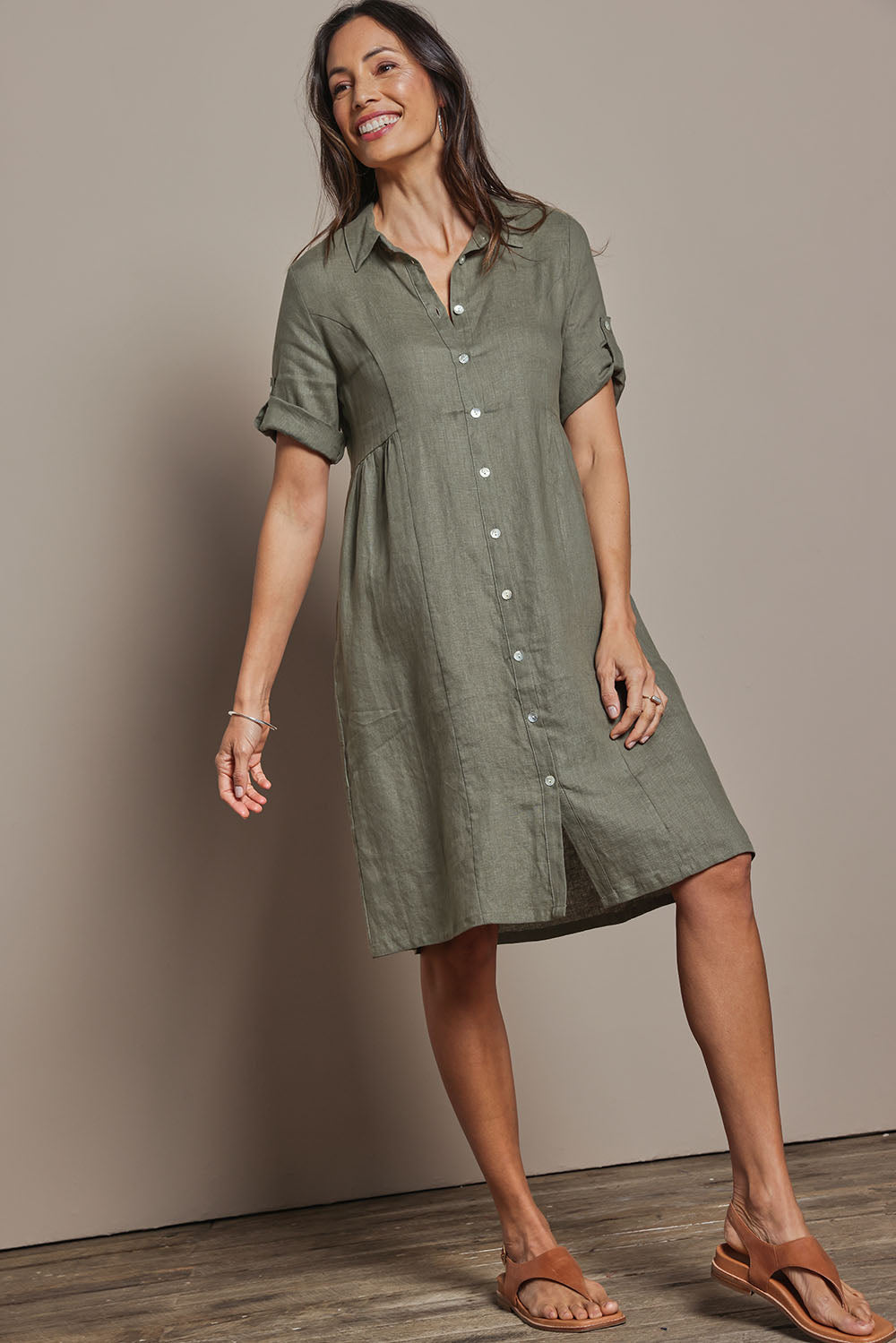 Linen Shirt Maker Dress - Olive