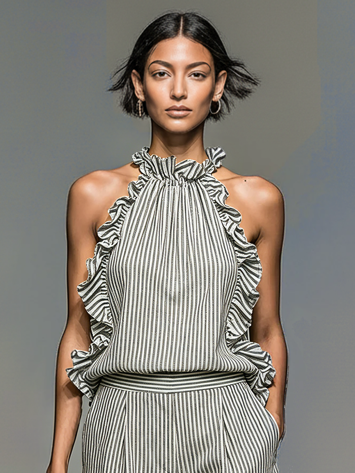 Cleo | Striped Sleeveless Ruffled Blouse