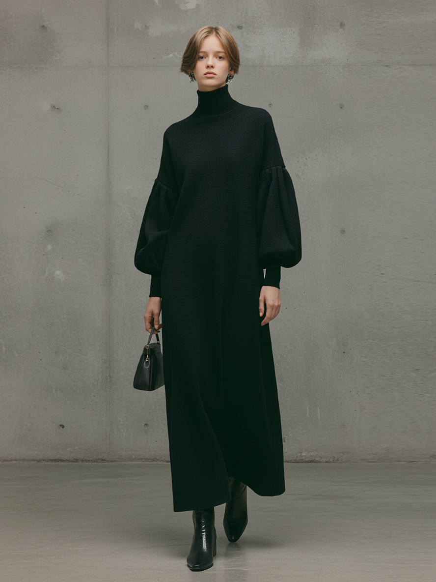 Marta | Modern Black Turtleneck Puff-Sleeve