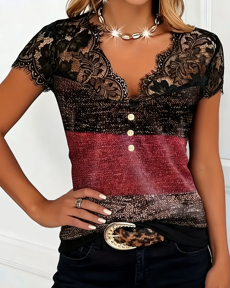 Sharon | V-Neck Tee with Lace Patchwork