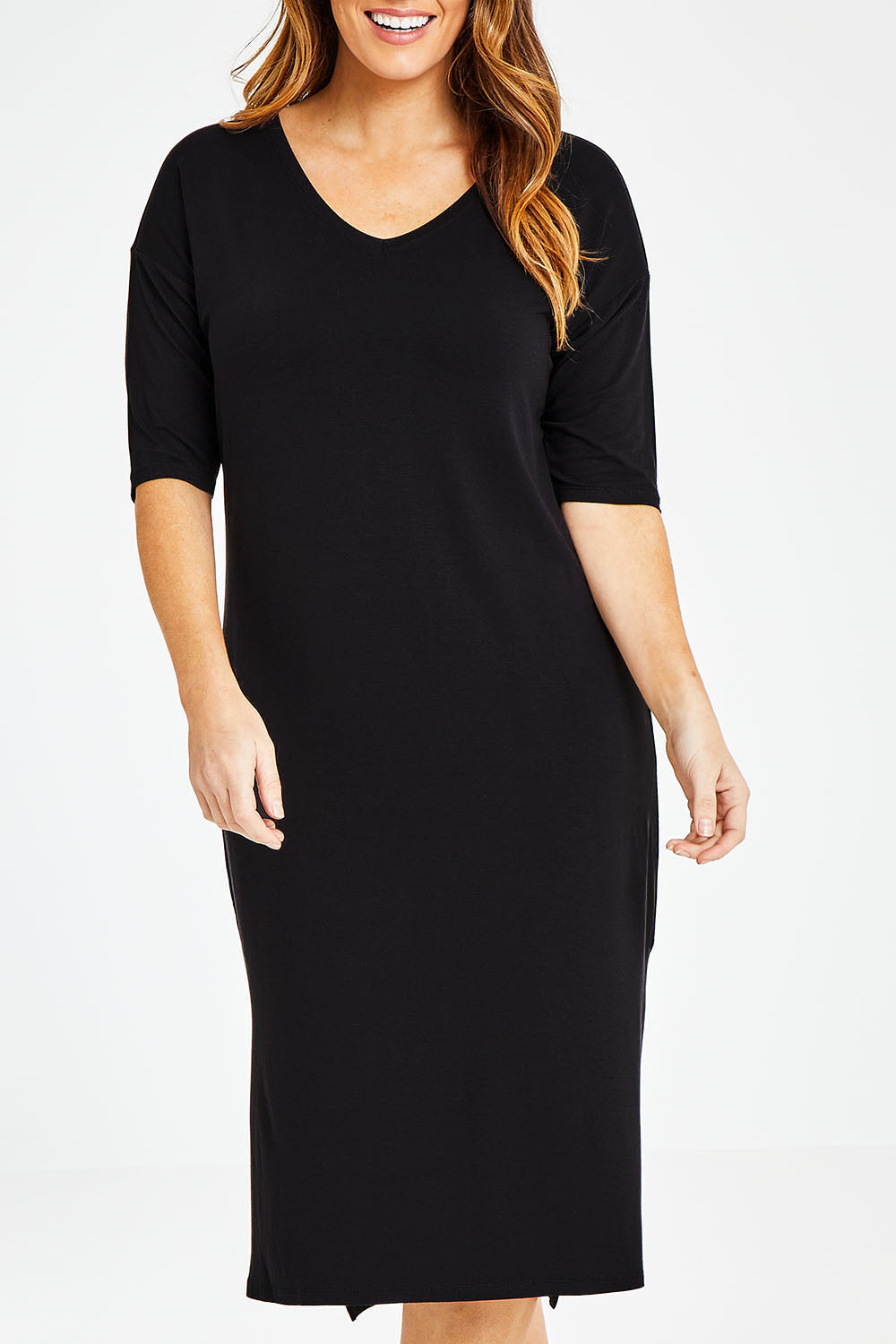The 3/4 Sleeve Mid Length Tee Dress - Black