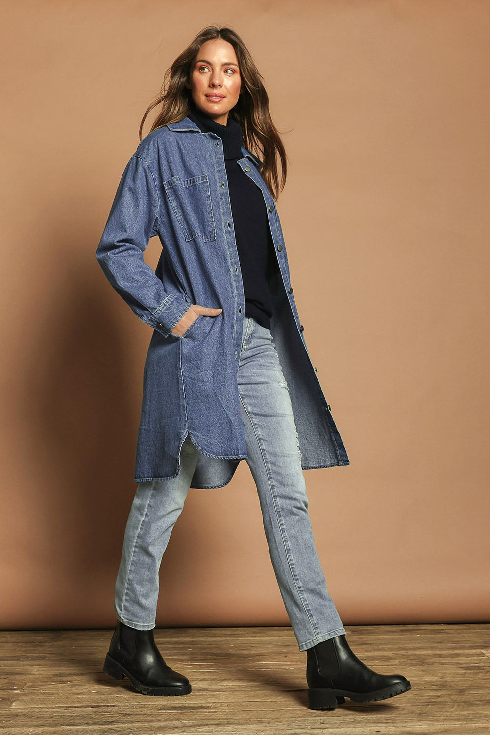 The Denim Shacket Dress With Pockets - Denimblue