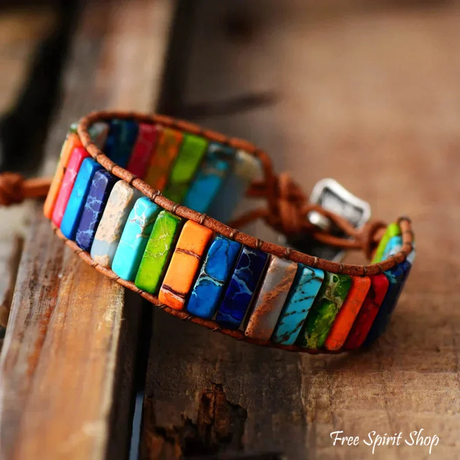 Mara | Handmade Rainbow Jasper Leather Wrap