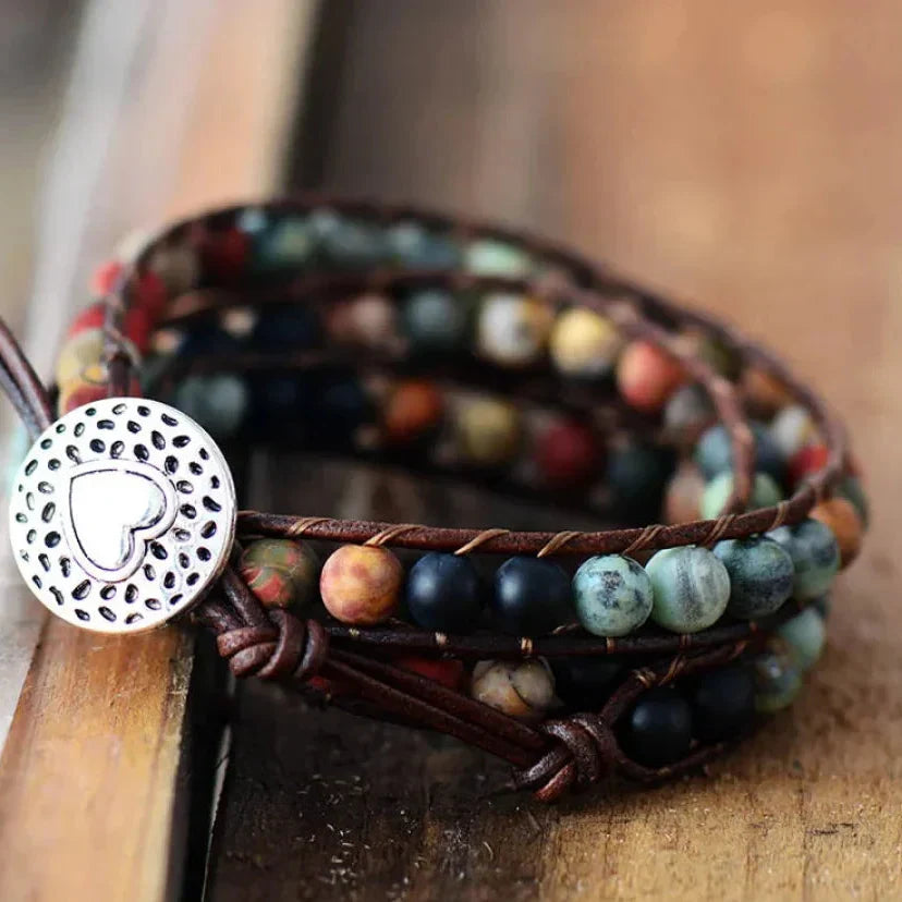 Agnes | Semi-Precious Gemstones "LOVE" Leather Wrap