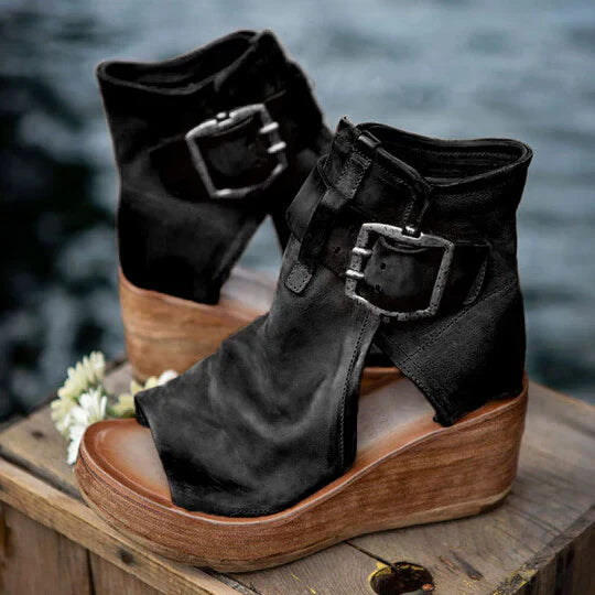 Rue | Open Toe Buckle Ankle Boots