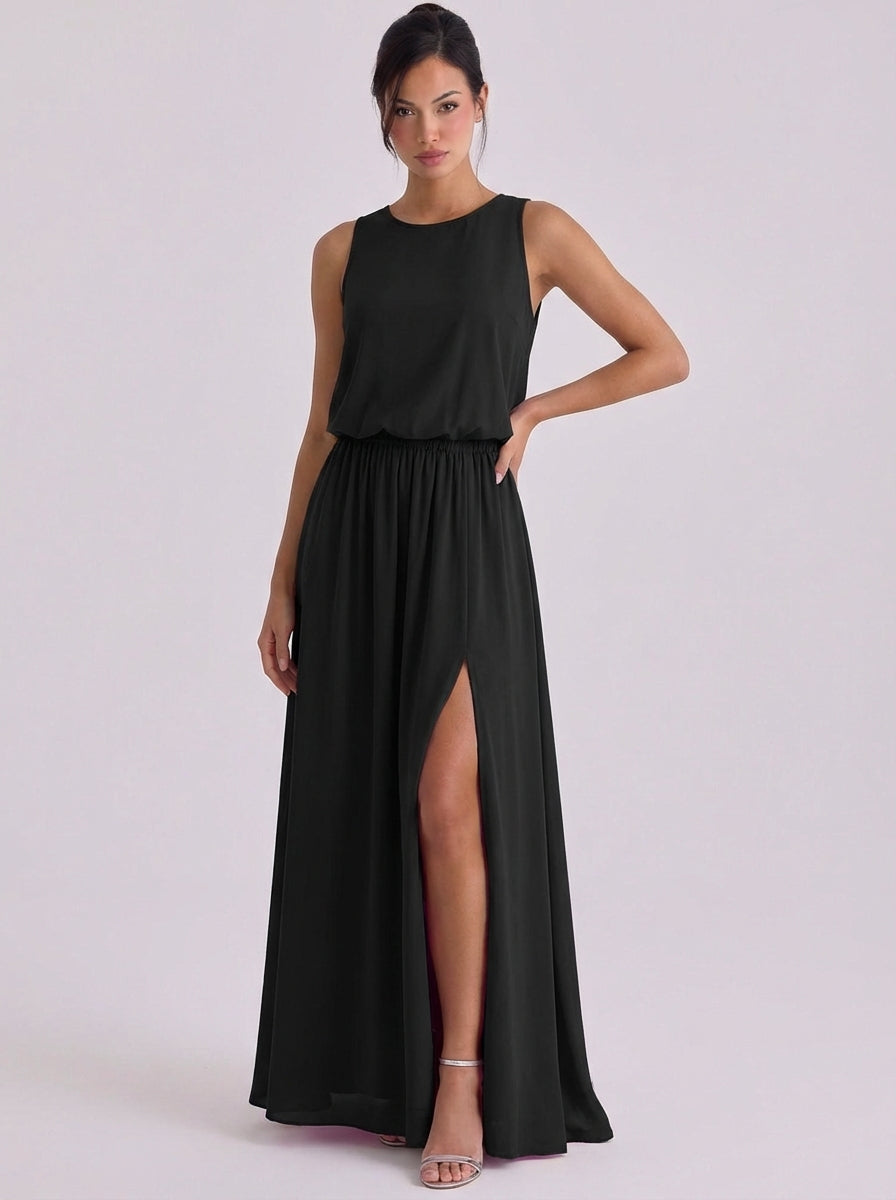 Clara | Chiffon Blouson Top Maxi Dress Sleeveless High-Slit