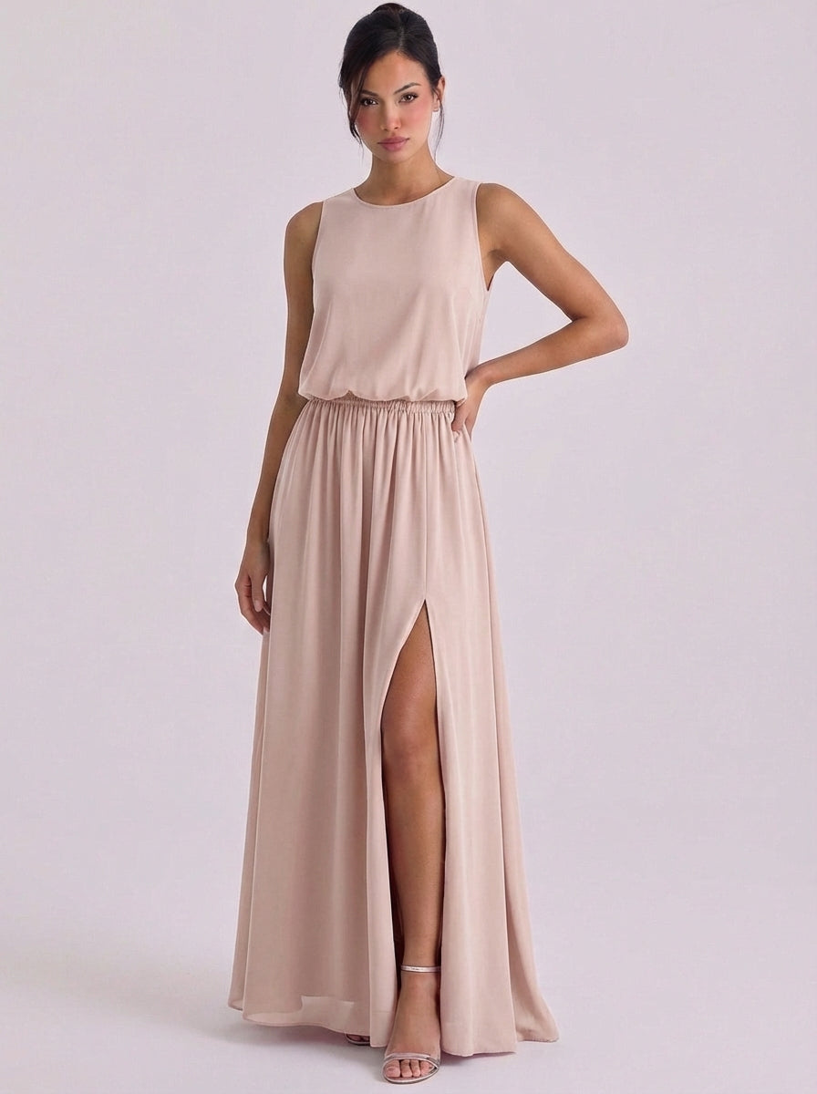 Clara | Chiffon Blouson Top Maxi Dress Sleeveless High-Slit
