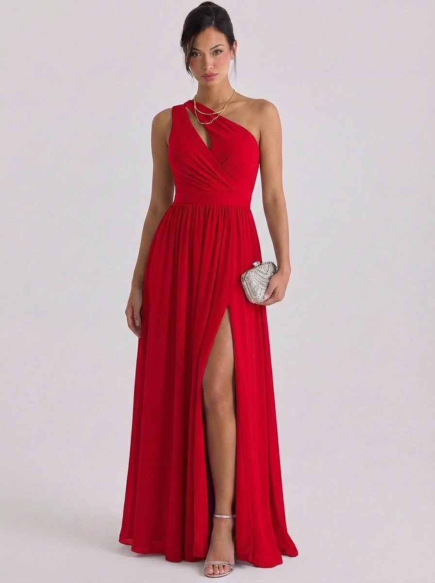 Molly | Chiffon Cutout One-Shoulder Gown Gathered Waist High-Slit