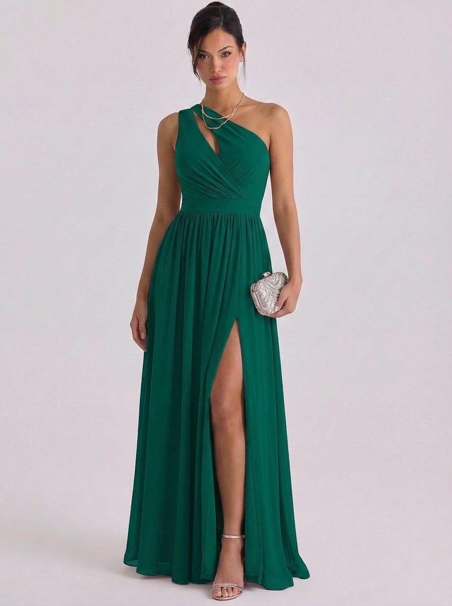 Molly | Chiffon Cutout One-Shoulder Gown Gathered Waist High-Slit