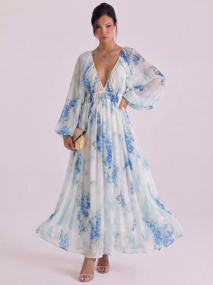 Hannah | Chiffon Floral Print Deep V Maxi Dress Balloon Sleeve