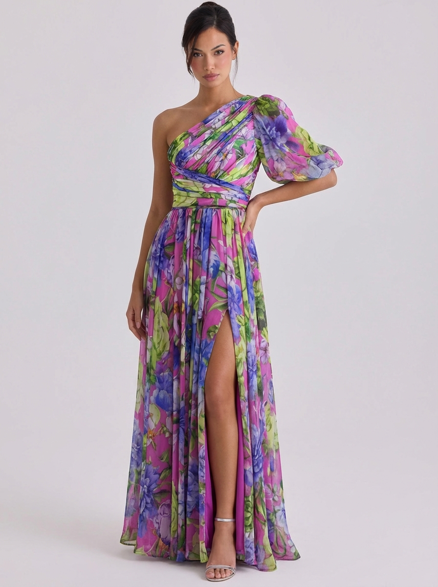 Zara | Chiffon Floral Print One-Shoulder Gown Puff Sleeve Pleated Skirt High-Slit
