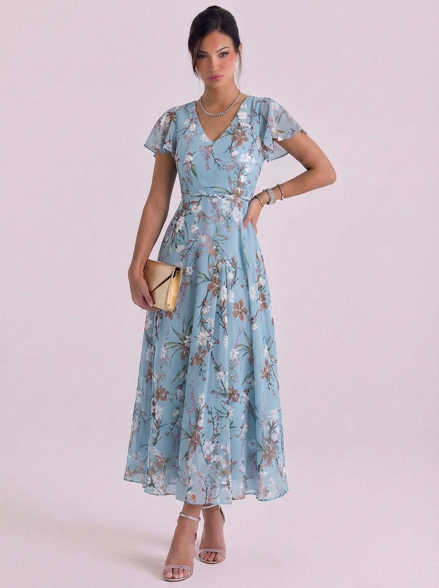 Eliza | Chiffon Floral Print V-Neck Maxi Dress Flutter Sleeve Belted Waist