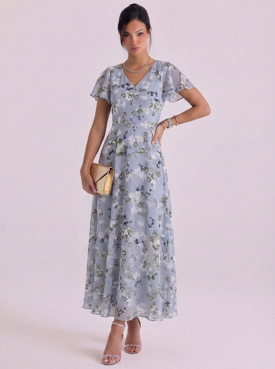 Eliza | Chiffon Floral Print V-Neck Maxi Dress Flutter Sleeve Belted Waist