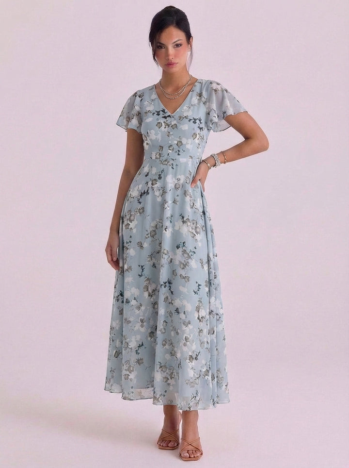 Eliza | Chiffon Floral Print V-Neck Maxi Dress Flutter Sleeve Belted Waist