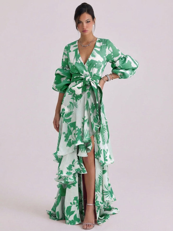 Xena | Chiffon Floral Print Wrap Maxi Gown Balloon Sleeve Tiered Ruffle Skirt