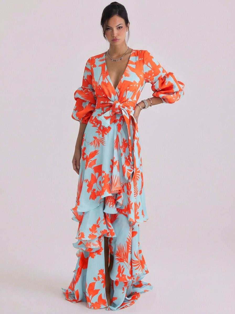 Xena | Chiffon Floral Print Wrap Maxi Gown Balloon Sleeve Tiered Ruffle Skirt