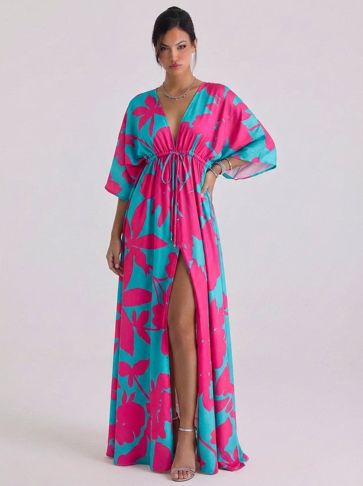 Xena | Chiffon Floral Print Wrap Maxi Gown Balloon Sleeve Tiered Ruffle Skirt