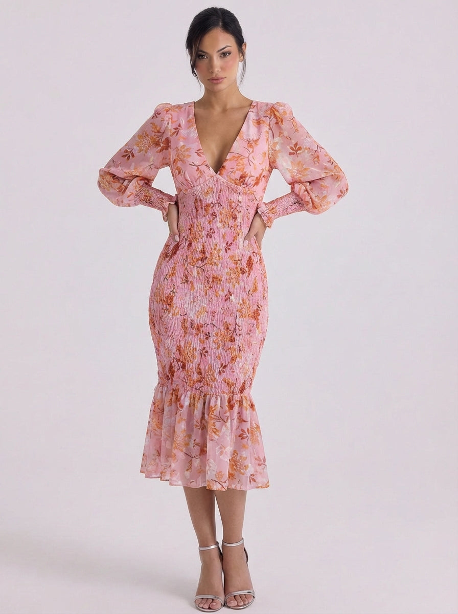 Megan | Chiffon Floral Smocked Midi Dress With Puff