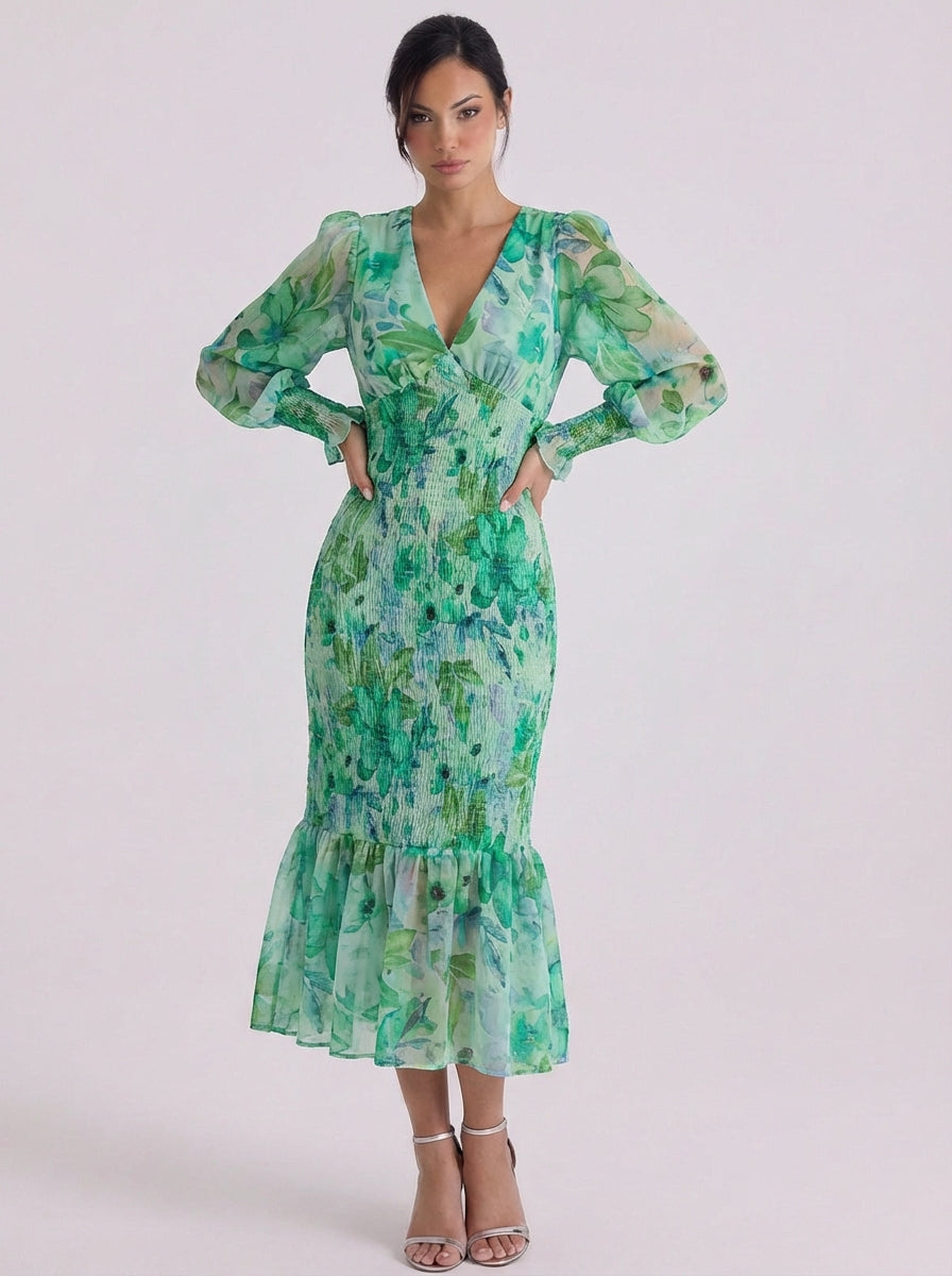 Megan | Chiffon Floral Smocked Midi Dress With Puff
