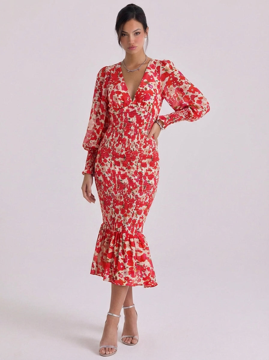 Vera | Chiffon Floral Smocked Midi Dress With Ruffle Hem