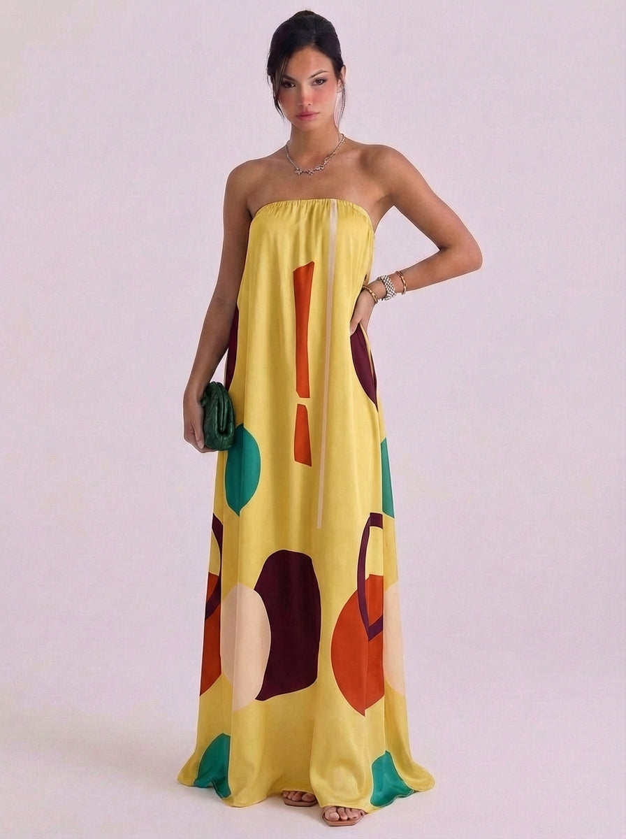 Gemma | Chiffon Geometric Print Strapless Maxi Dress