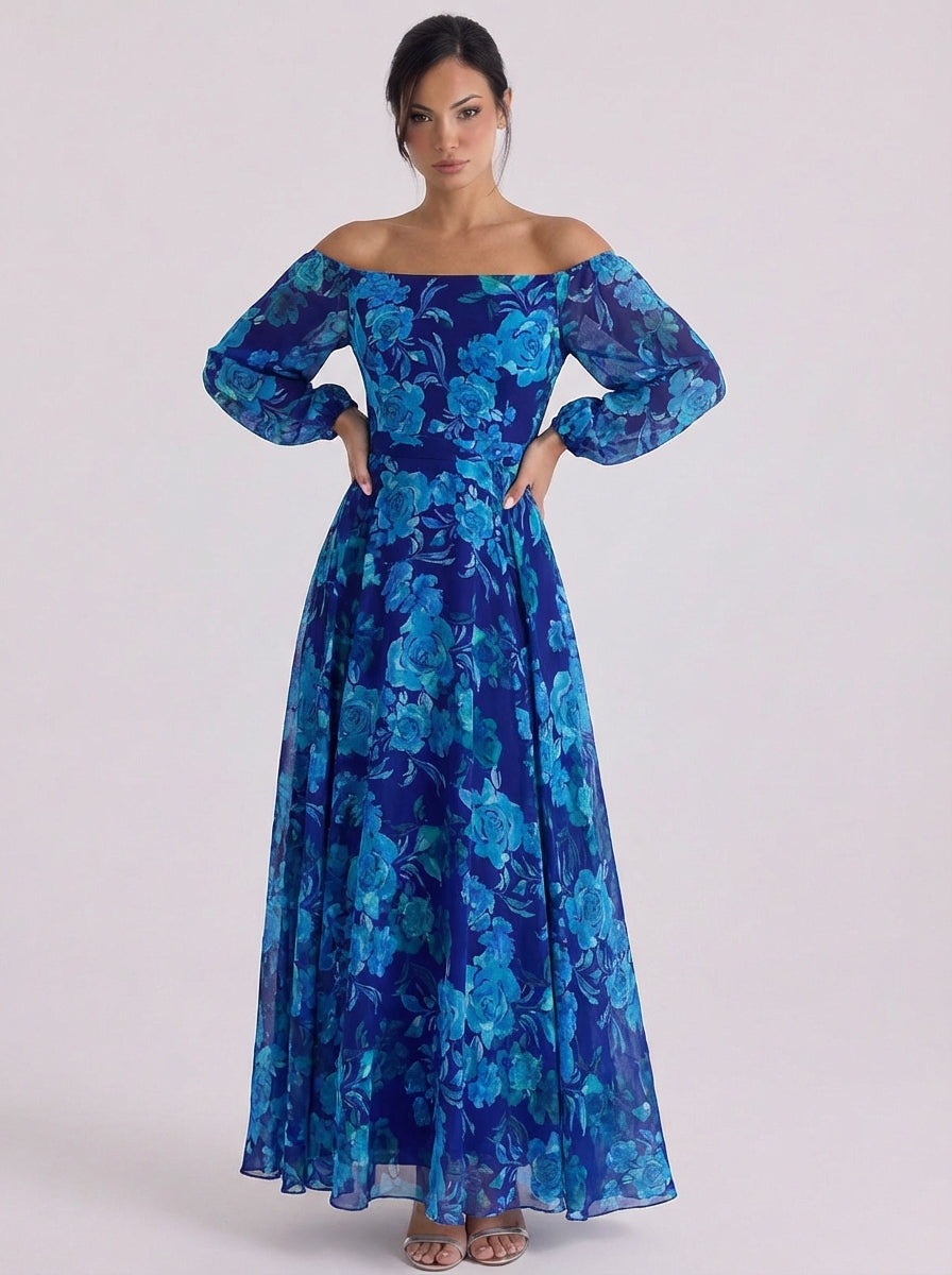 Emma | Chiffon Off-Shoulder Floral Maxi Dress With Puff