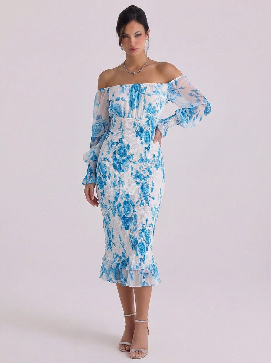 Gloria | Chiffon Off-Shoulder Floral Midi Dress With Smocked Waist