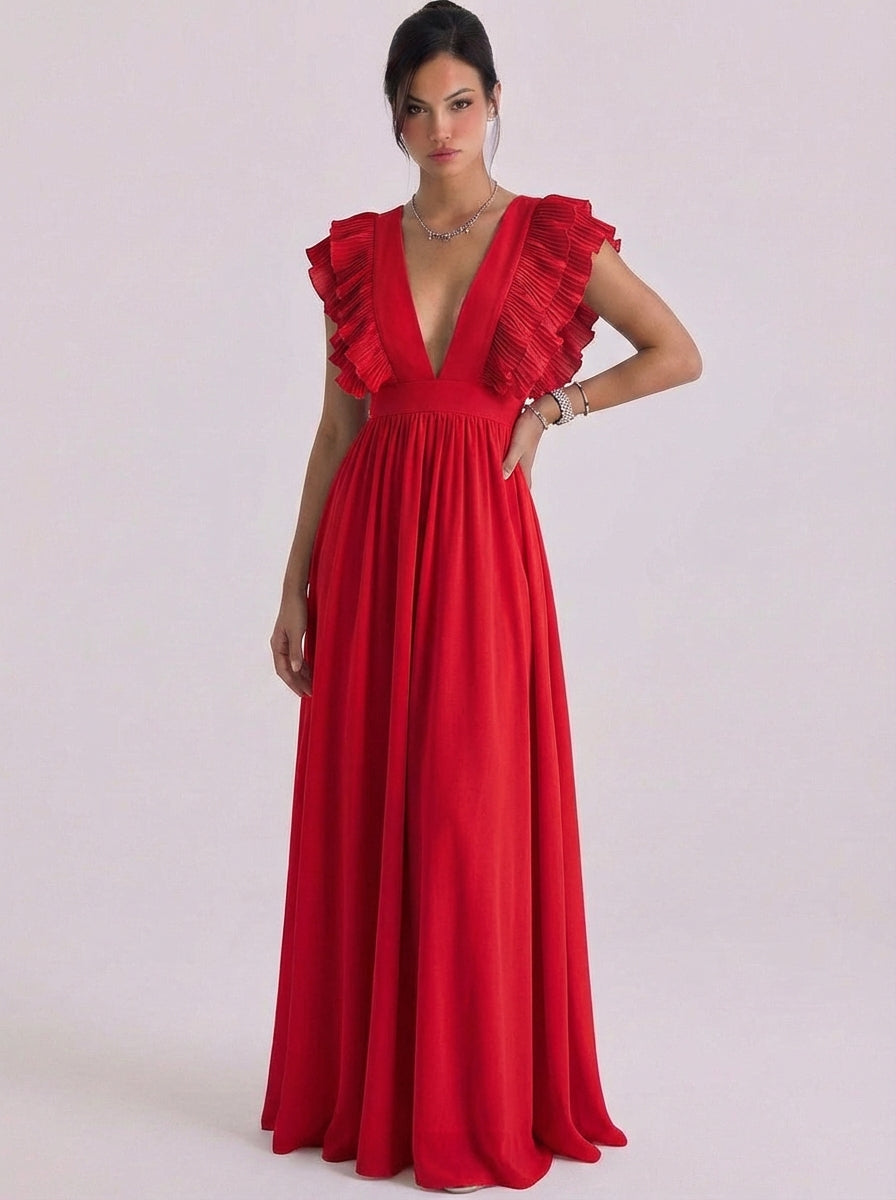 Lucy | Chiffon Pleated Ruffle Deep V Maxi Gown Cap Sleeve