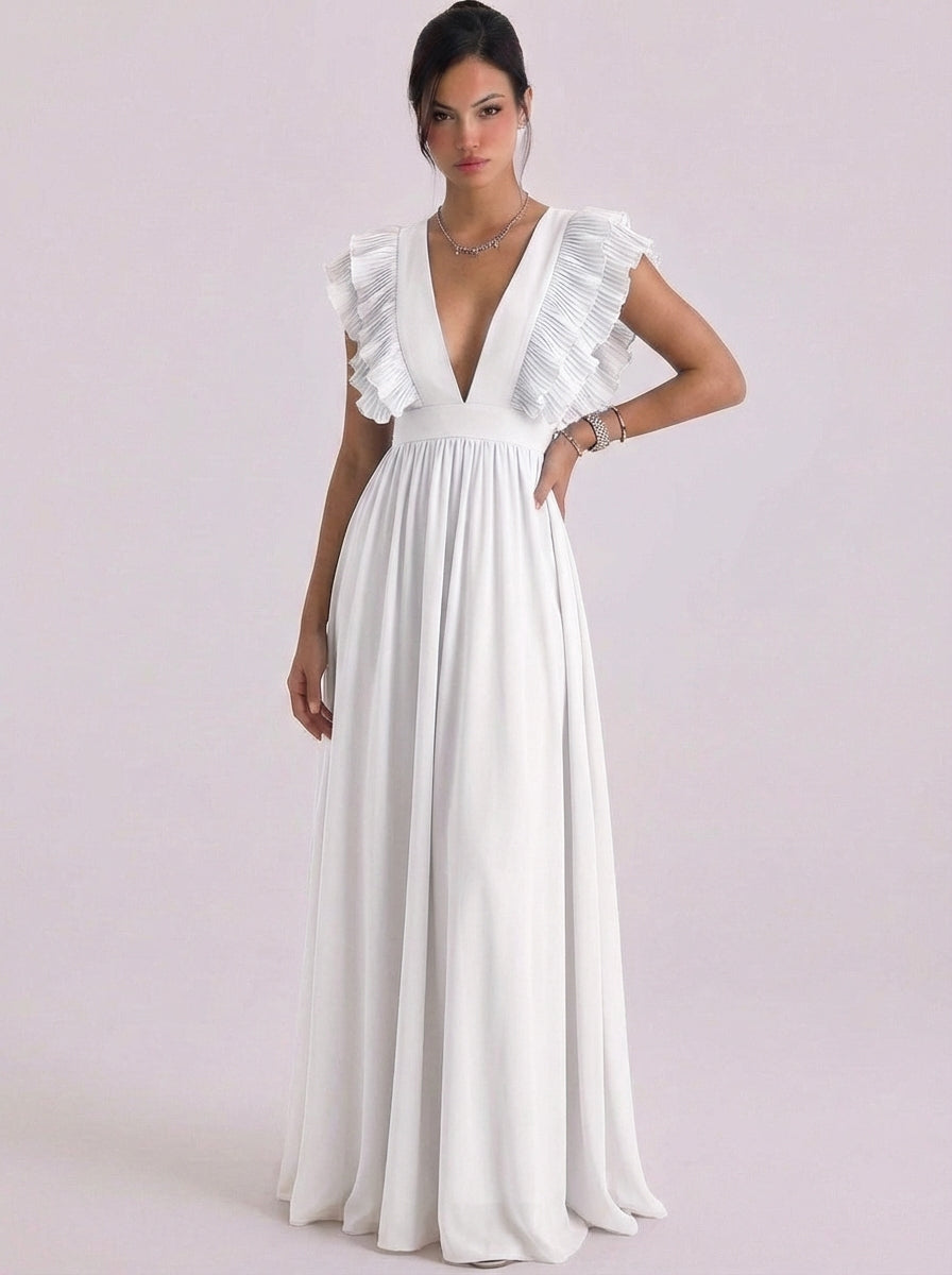Lucy | Chiffon Pleated Ruffle Deep V Maxi Gown Cap Sleeve