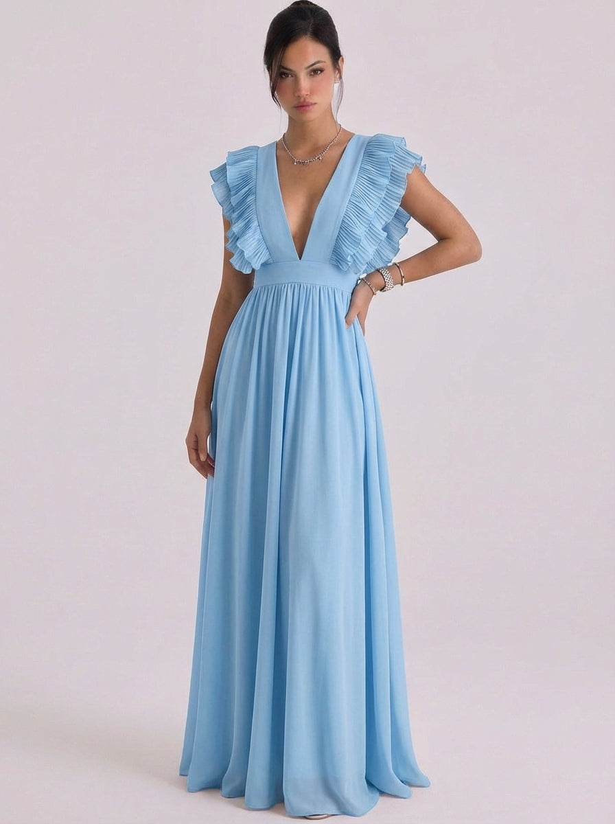 Lucy | Chiffon Pleated Ruffle Deep V Maxi Gown Cap Sleeve