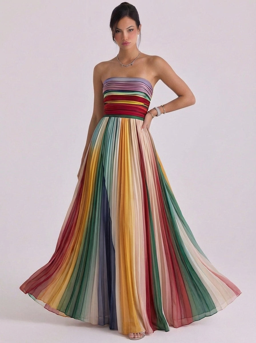 Whitney | Chiffon Rainbow Stripe Strapless Gown Pleated Skirt