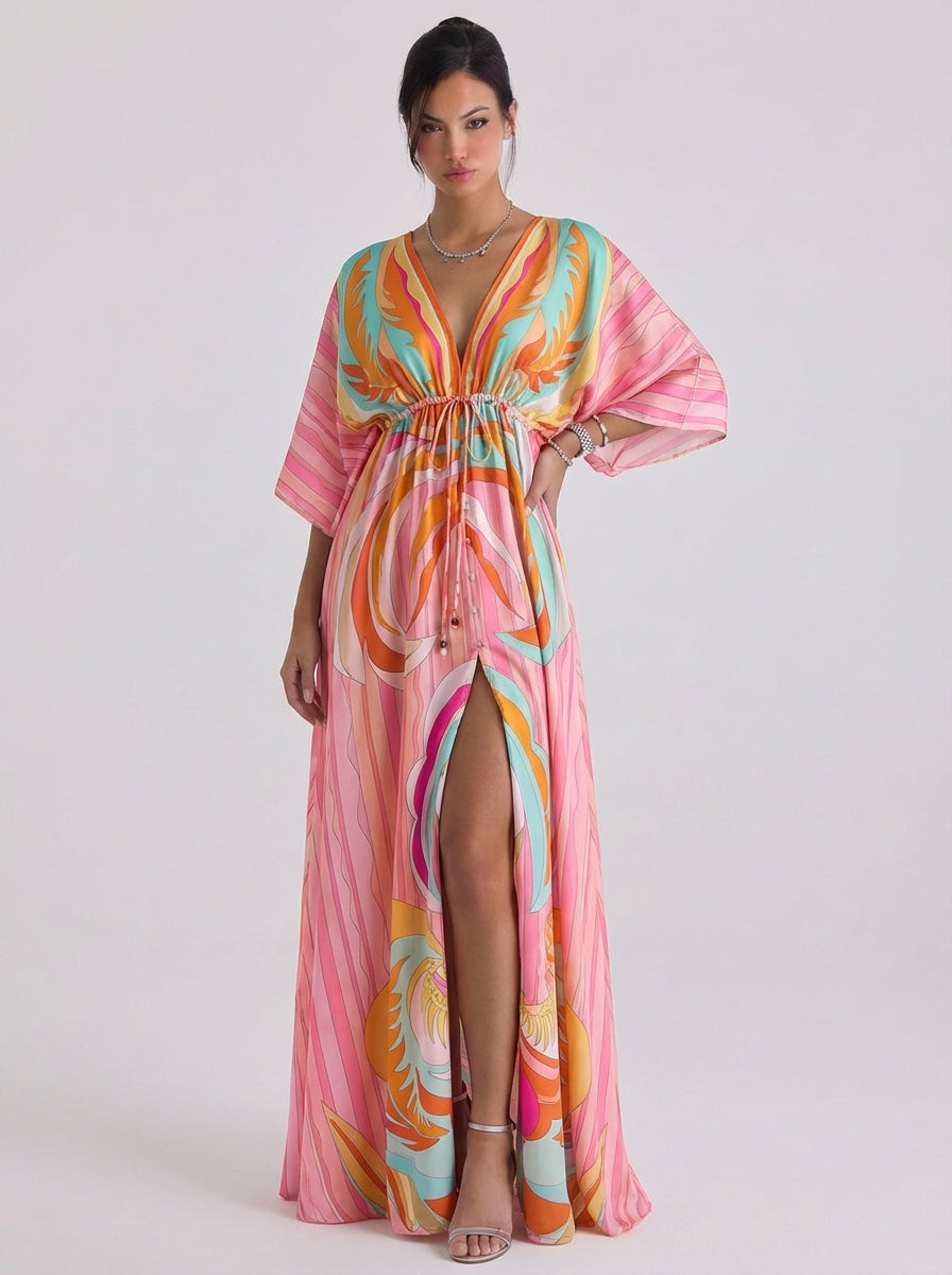 Diana | Chiffon Swirl Print Deep V Maxi Dress Kimono Sleeve Button Front High-Slit