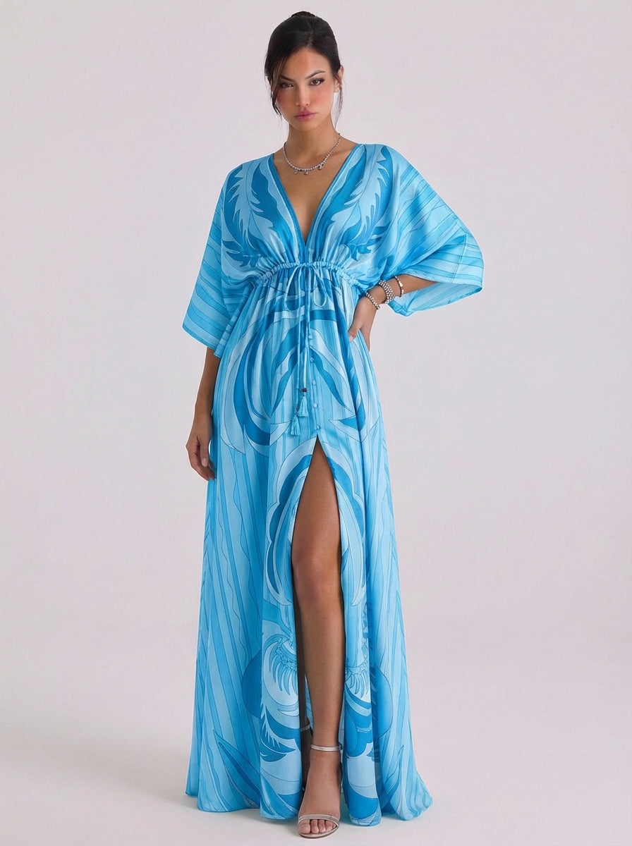Diana | Chiffon Swirl Print Deep V Maxi Dress Kimono Sleeve Button Front High-Slit