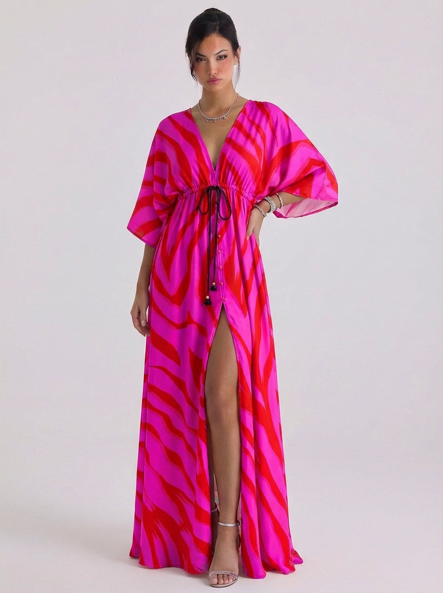 Diana | Chiffon Swirl Print Deep V Maxi Dress Kimono Sleeve Button Front High-Slit