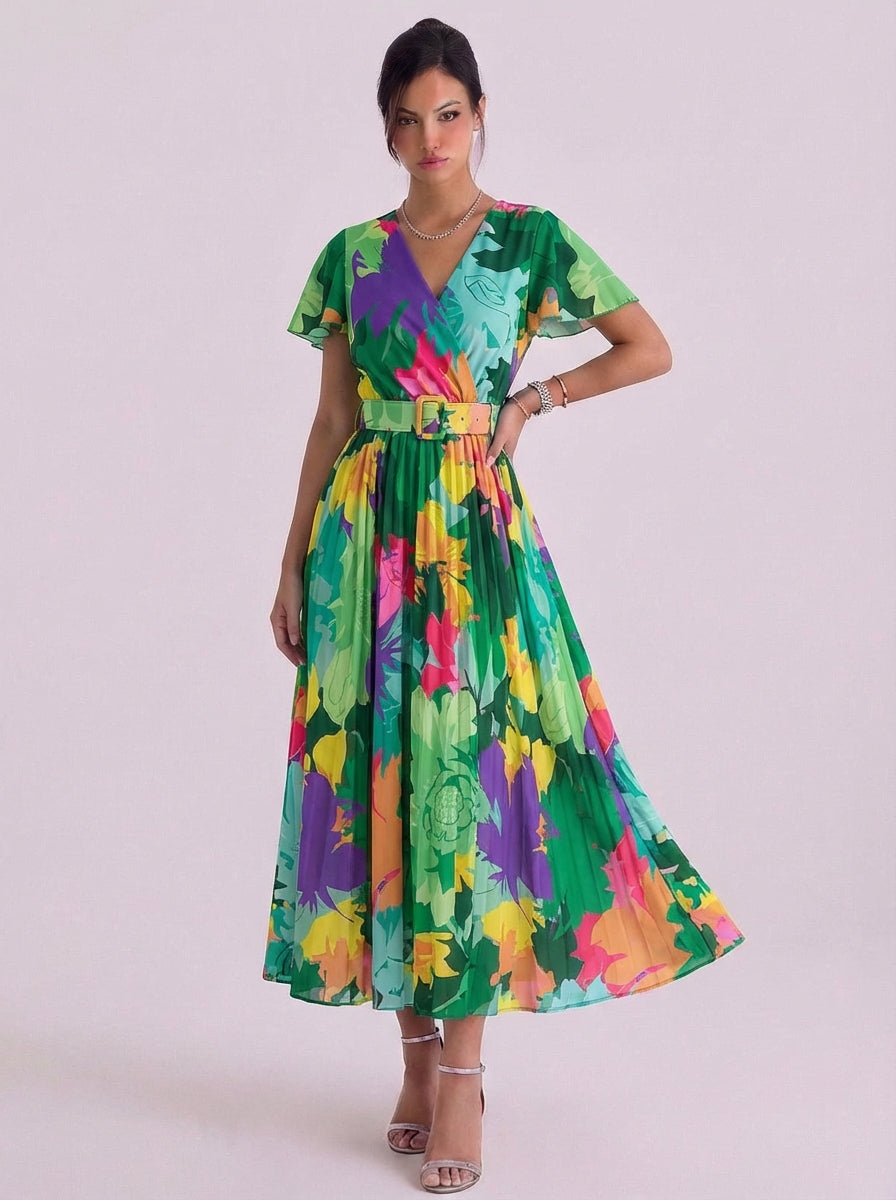 Sarah | Chiffon Tropical Print Wrap Midi Dress