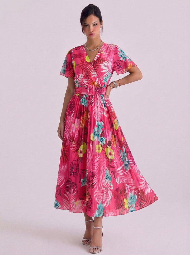 Sarah | Chiffon Tropical Print Wrap Midi Dress