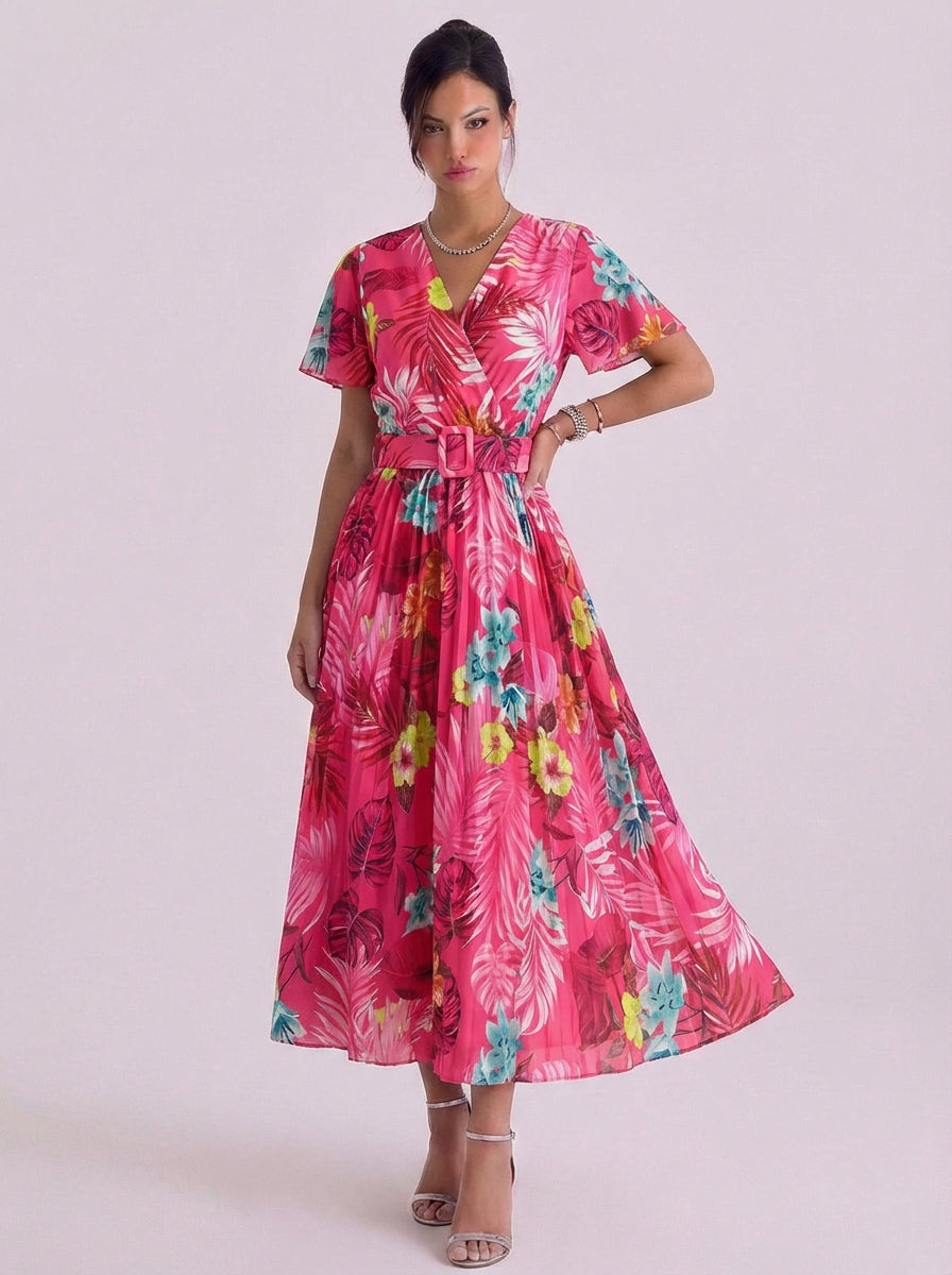 Sarah | Chiffon Tropical Print Wrap Midi Dress