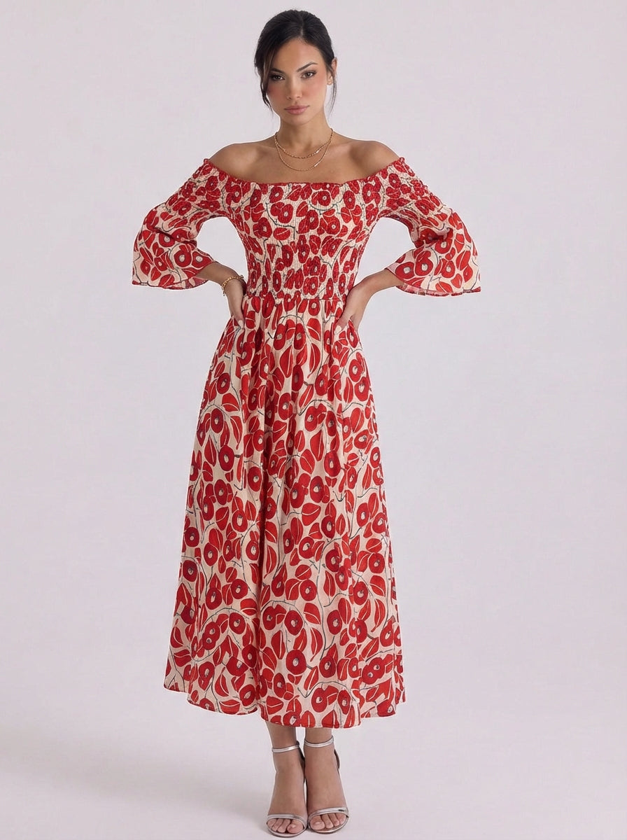 Laura | Cotton Abstract Print Off-Shoulder Midi Dress Puff Sleeve