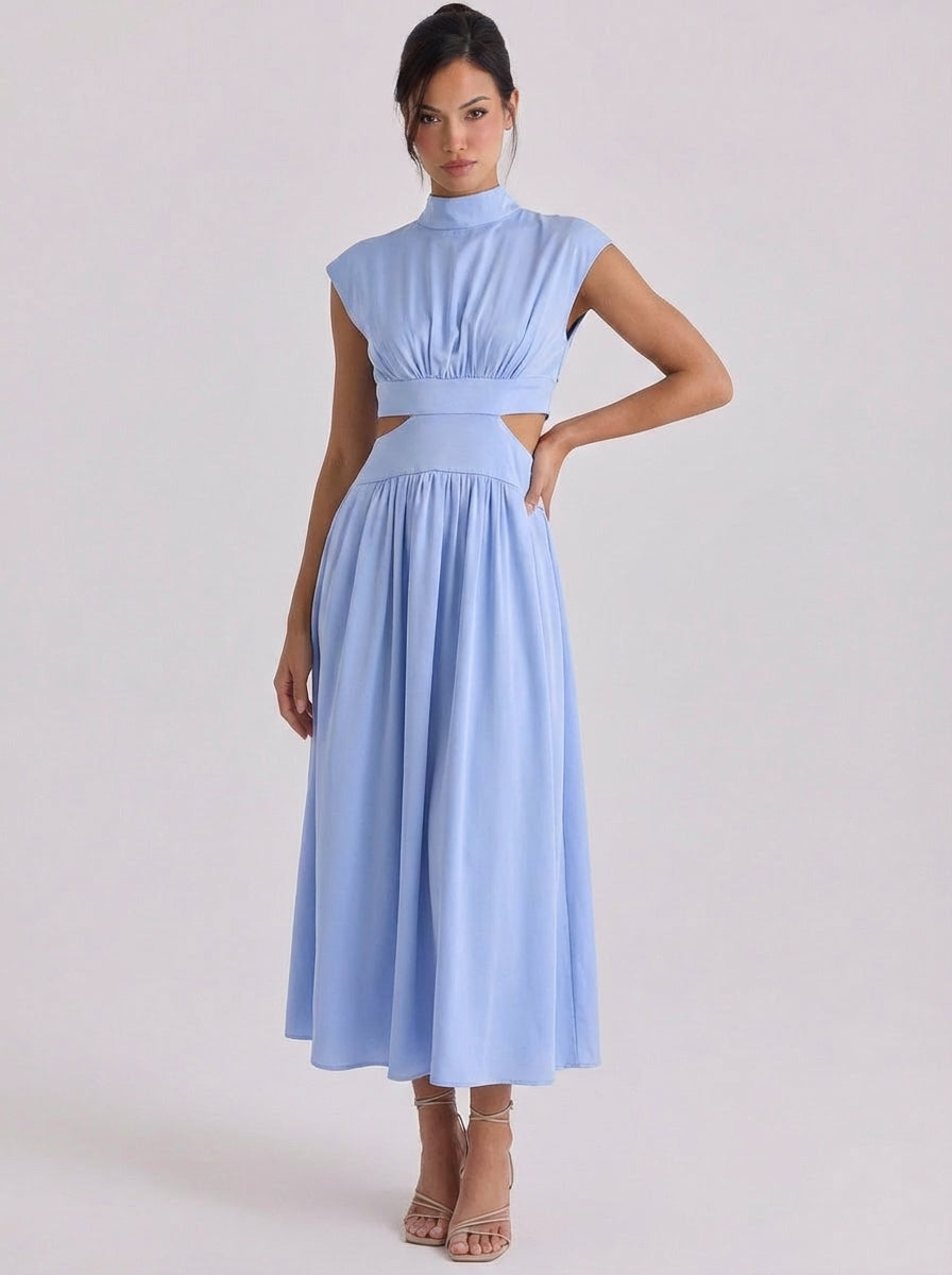 Iris | Cotton Cutout High Neck Midi Dress Cap Sleeve Gathered Waist
