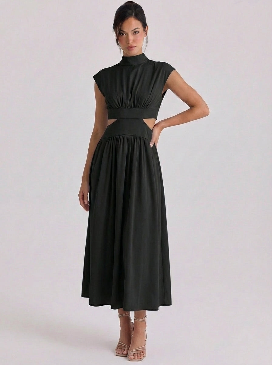 Iris | Cotton Cutout High Neck Midi Dress Cap Sleeve Gathered Waist