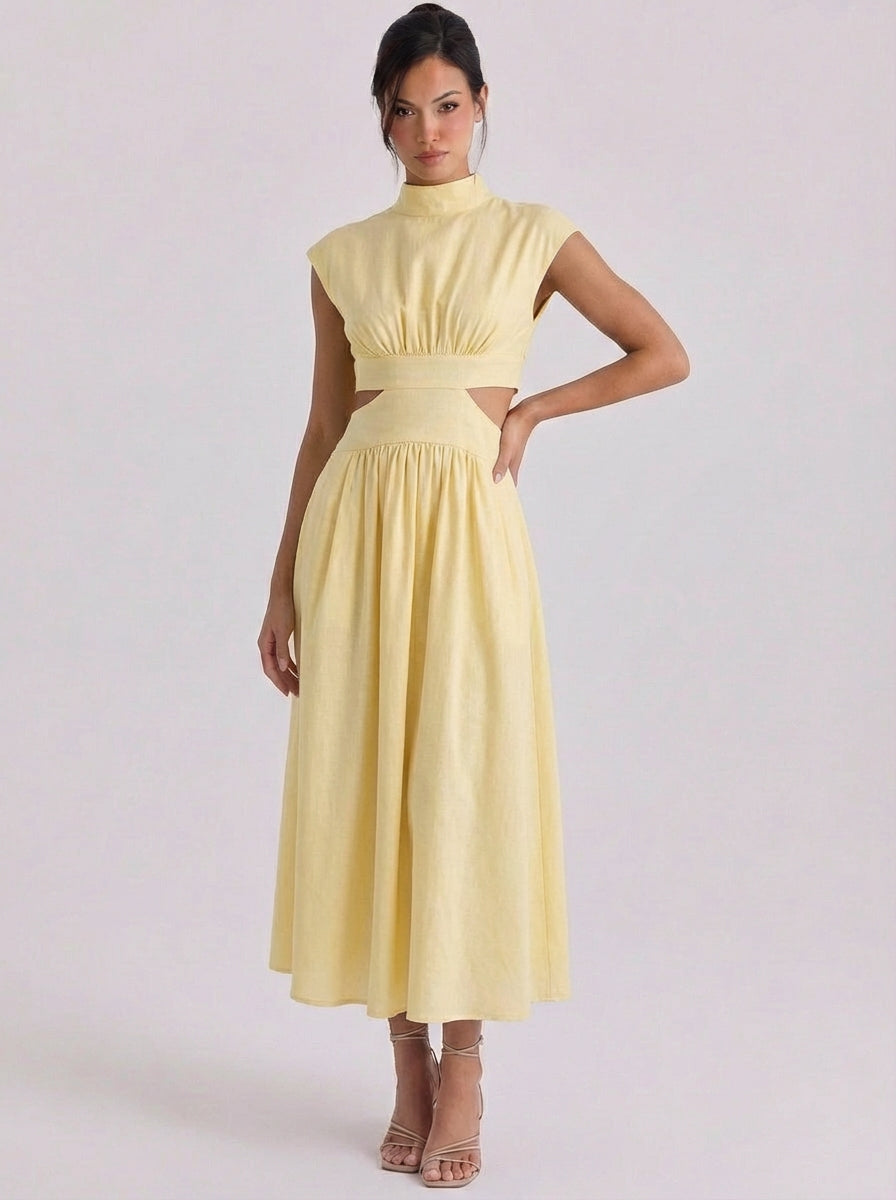 Iris | Cotton Cutout High Neck Midi Dress Cap Sleeve Gathered Waist