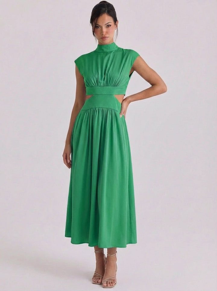 Iris | Cotton Cutout High Neck Midi Dress Cap Sleeve Gathered Waist