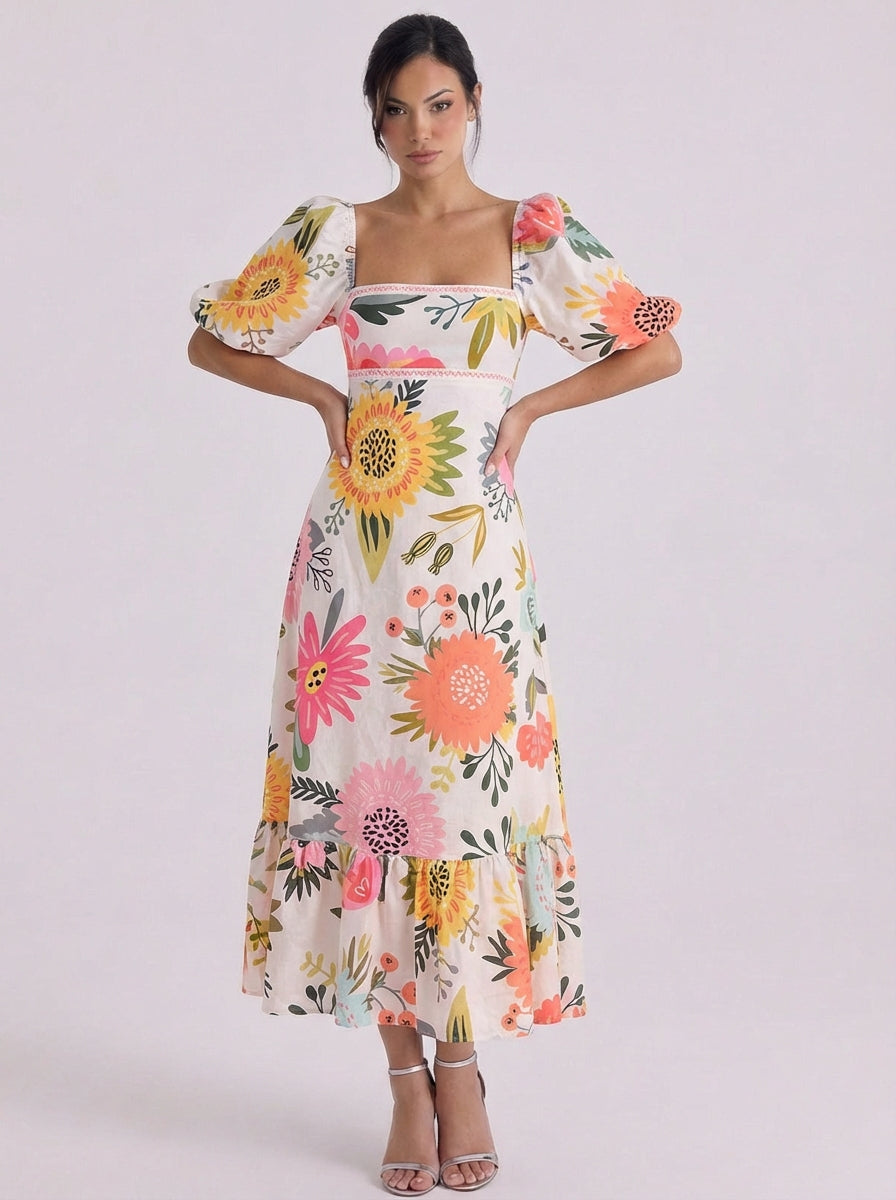 Mia | Cotton Floral Print Puff Sleeve Midi Dress With Ruffle Hem