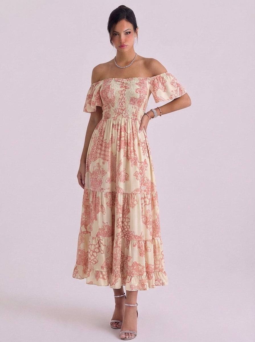Vanessa | Cotton Off-Shoulder Floral Maxi Dress With Smocked Bodice